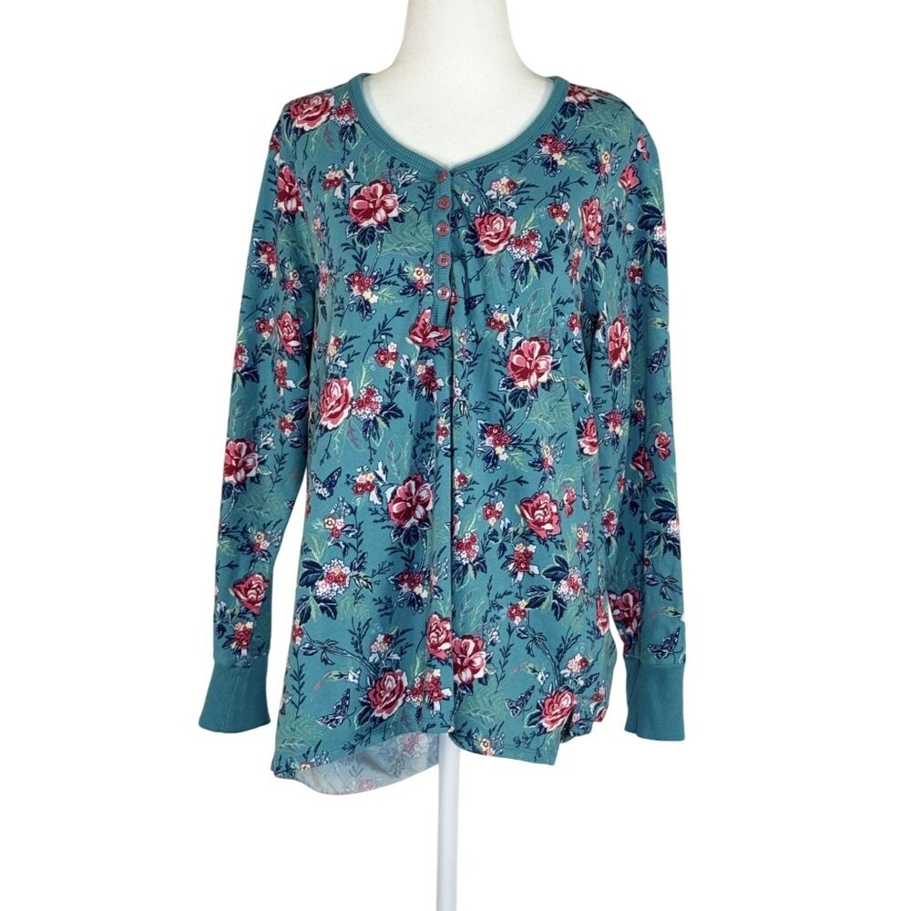 Vera Bradley Size Large Woman Top Floral Long Sleeve Button Top Teal Pink